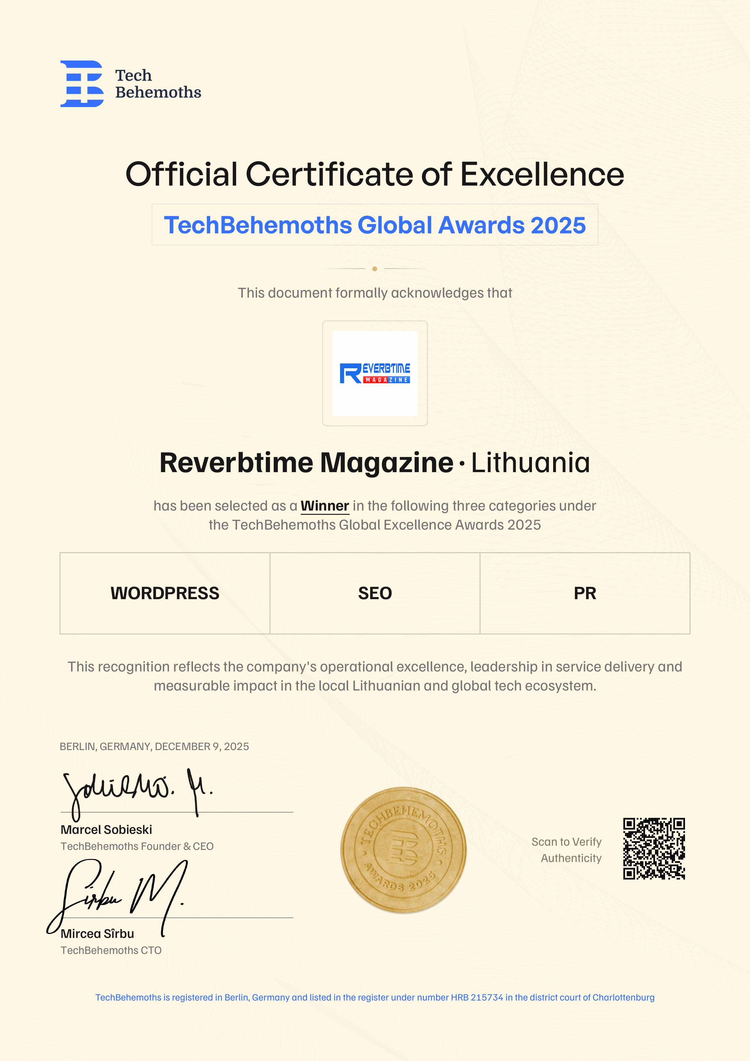 Reverbtime Mag 2025 award certificate